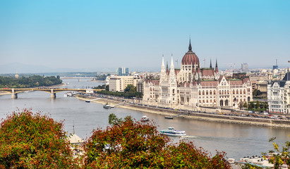 Fototapeta na wymiar A Budapest city landscape, wide view on the Hungarian Parliament Building and Danube River