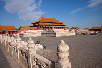 The forbidden city in Beijing, China. Chinese imperial palace from the Ming Dynasty. View over the Harmony Square with the Hall of Supreme Harmony in background