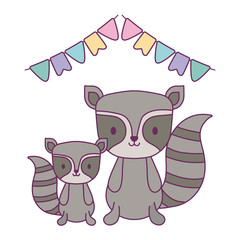 cute group of raccoons with garlands party hanging