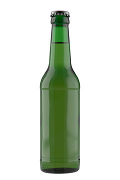 Green bottle Long Neck with liquid. 12oz (11 oz) or 355 ml (330 ml) volume. Isolated high resolution 3D render on a white.