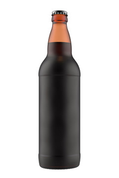 Frosted amber bottle Bomber with dark beer. 22oz 660 ml (651 ml) volume. Isolated high resolution 3D render on a white.