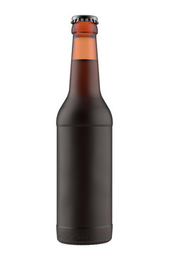 Frosted amber beer bottle Long Neck with dark beer. 12oz (11 oz) or 355 ml (330 ml) volume. Isolated high resolution 3D render on a white.