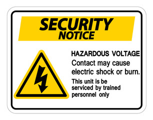 Security Notice Hazardous Voltage Contact May Cause Electric Shock Or Burn Sign On White Background,Vector Illustration