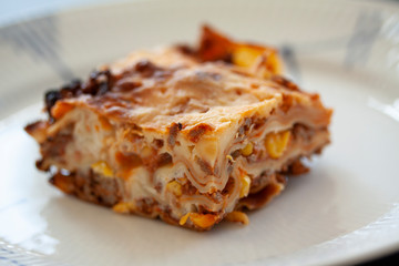 Slice of lasagne on a plate. Extreme close up image with selective focus.