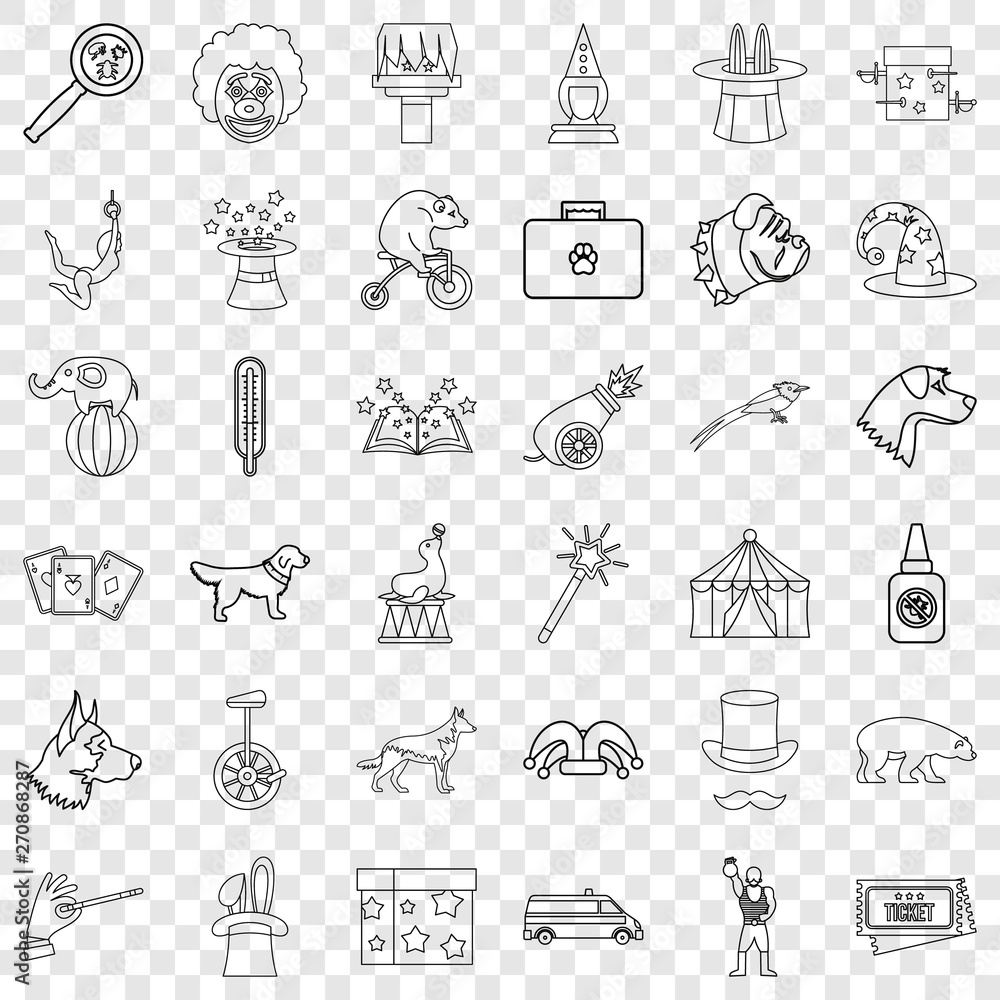 Poster circus icons set. outline style of 36 circus vector icons for web for any design