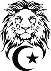 The Lion and the symbol of Islam - Crescent and star, drawing for tattoo, on a white background, vector