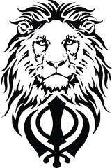 Obraz premium Khanda is the most significant symbol of Sikhism, decorated with a Lion with a long mane, on a white background, isolated, drawing for tattoo, vector