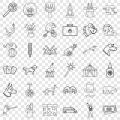 Circus icons set. Outline style of 36 circus vector icons for web for any design