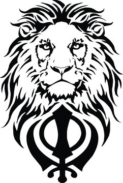 Khanda is the most significant symbol of Sikhism, decorated with a Lion  with a long mane, on a white background, isolated, drawing for tattoo,  vector Stock Vector | Adobe Stock