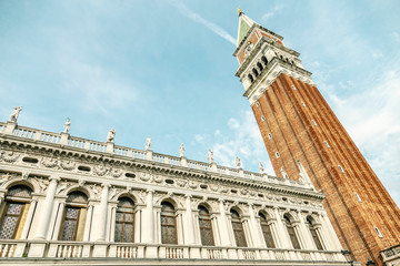 Fototapeta na wymiar Bottom view of piazza San Marco with the Basilica of Saint Mark and the bell tower of St Mark's Campanile