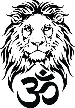 Lion and the symbol of Hindu (OM), drawing for tattoo, on a white background, vector