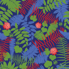 Vector blue, red and green seamless pattern with ferns, leaves and wild flower. Suitable for textile, gift wrap and wallpaper.