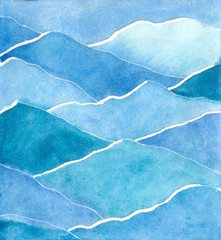 Hand drawn watercolor painting of a fir-tree or pine forest in front of blue foggy mountains in Switzerland, Lucern, view from Pilatus