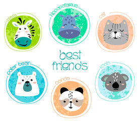 Set of cute animal faces. Creative animalistic print with frame, zebra, koala, hippo, panda, bear, cat, greeting cards. Vector isolates of animal faces on a white background.