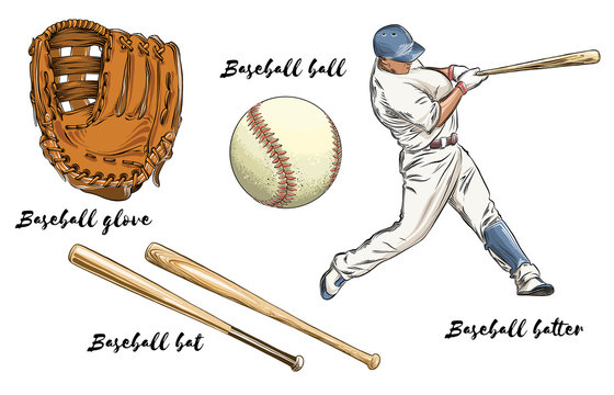 Set of baseball in color. Isolated on white background. Hand-drawn elements such as baseball player, glove, bat and ball. Vector illustration