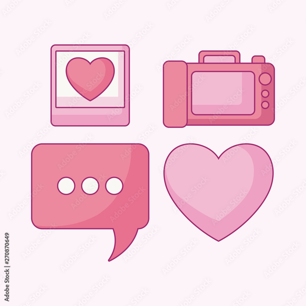 Wall mural set of camera photographic with speech bubble and heart