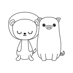 cute piggy with lion animals isolated icon