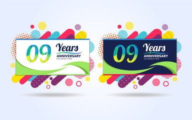 9 years pop anniversary modern design elements, colorful edition, celebration template design, pop celebration template design, white and black background