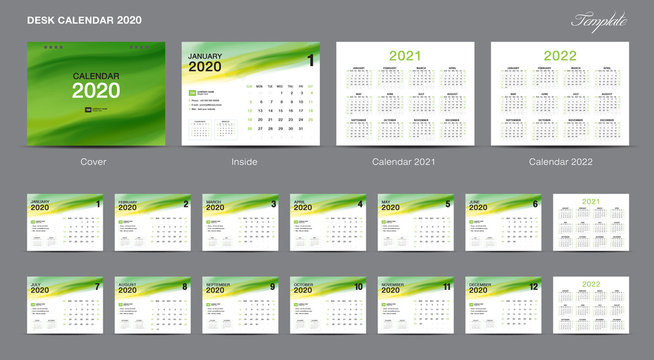 Set Desk Calendar 2020 template design vector, Calendar 2020, 2021, 2022,  cover design, Set of 12 Months, Week starts Sunday, Stationery design, flyer, printing layout, publication, advertisement