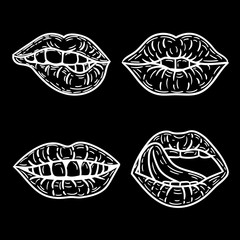 Vector hand drawn black and white set of lips and mouths in the engraving style.