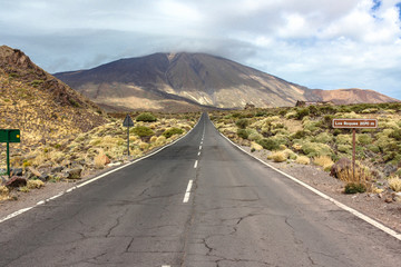 Empty road with El Teide (Vulcano) in the Background on a Cloudy day, Tenerife, Spain