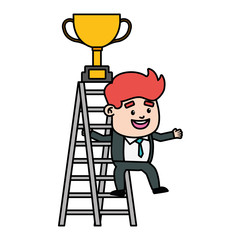 businessman climb ladder trophy