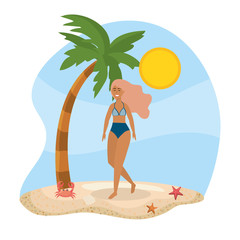 woman wearing swimsuit with palms trees and crab with shell