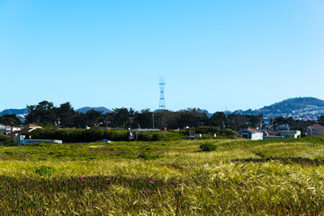 Fototapeta na wymiar the view of Sutro Tower at Thornton State Beach, Daley City - San Francisco Bay Area, California