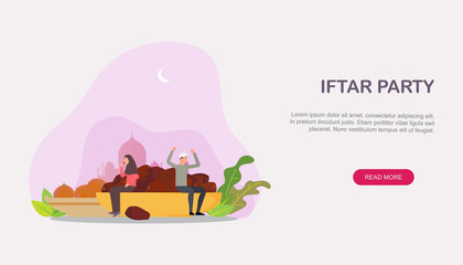 	 Ramadan kareem. Iftar Eating After Fasting concept. Family dinner on Ramadan or celebrating Eid mubarak. Islamic kids Book Illustration, Landing page templates, Banner,Card Invitation, Social media