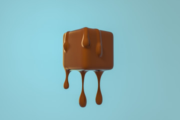 Melting chocolate cube with liquid drop details, 3d rendering