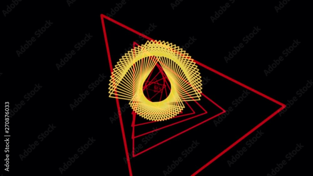Poster abstract animation of red and yellow geometric shapes rotation creating a tunnel on the dark backgro