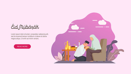 Happy eid mubarak with people character concept. Islamic design for Landing page templates, kids Book Illustration, Banners, Card Invitation, Poster and Social media.