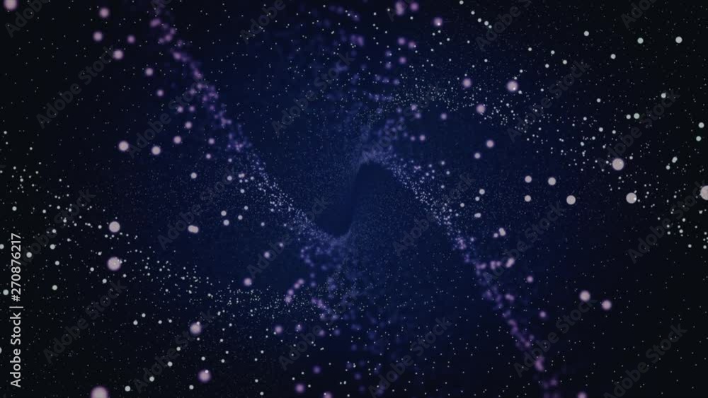 Poster Abstract animation white dots particles floating and rotating on the tunnel on the dark background. Animation. Particles shimmering in space