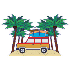 Summer vitnage van with surf tables in the beach cartoon