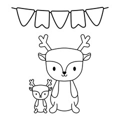 cute group of reindeer animals with garlands party hanging