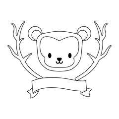 head of cute bear with tree branches and ribbon