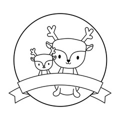 cute group of reindeer in frame circular with ribbon