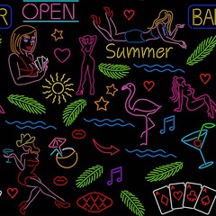 Seamless pattern with neon signs, casino, tropical palm leaves, beautiful girls, night club