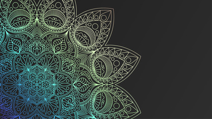 Black rich background with a iridescent round pattern, shiny mandala, oriental background