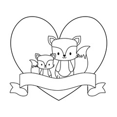 cute foxes in frame with heart shape and ribbon