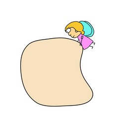 Vector. Fairy-tale character, a girl flies with a blank poster. Empty form for text. Cartoon drawing. Color illustration.