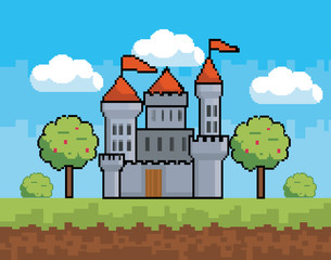 Arcade game world and pixel scene design  vector illustration