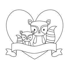 group of raccoons in frame with heart shape and ribbon