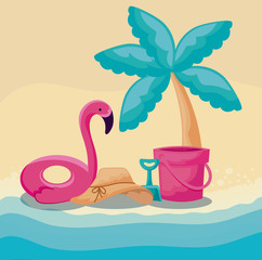 Obraz premium summer holiday with palm tree and icons in beach