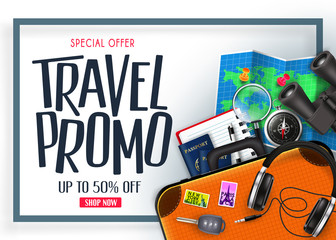 Travel Promo Banner Special Offer Up To 50% Off with Blue Frame 3D Realistic Vector Traveling Item Elements in White Isolated Background. For Promotional Purposes