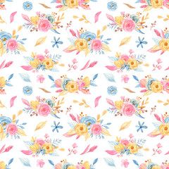 Fototapeta na wymiar Watercolor seamless pattern with a bouquet of flowers. A collection of unicorns. Set for girls, princesses. Texture for baby design, wallpaper, scrapbooking, prints, clothing, fabrics, textiles, baby 