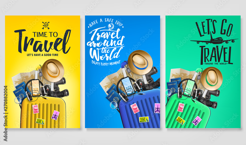 Aufkleber travel poster set template with traveling bag and message logo text in gradient background with mesh