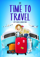 Travel or Tourism Poster in Blue Background with 3D Realistic Traveling Bag, Car, Airplanes and other Travel Item Elements on Top of the Globe wit Map. Vector Illustration