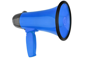 Blue megaphone on white background isolated closeup , hand loudspeaker design, loudhailer or speaking trumpet illustration, announce or agitation symbol, media or communication icon, public speak sign