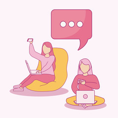 group of women taking selfie with smartphone and speech bubble